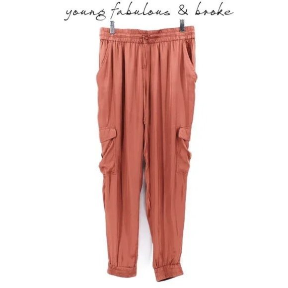 Young Fabulous & Broke Cargo Pants Silky Satin Joggers Drawstring M - Picture 1 of 14